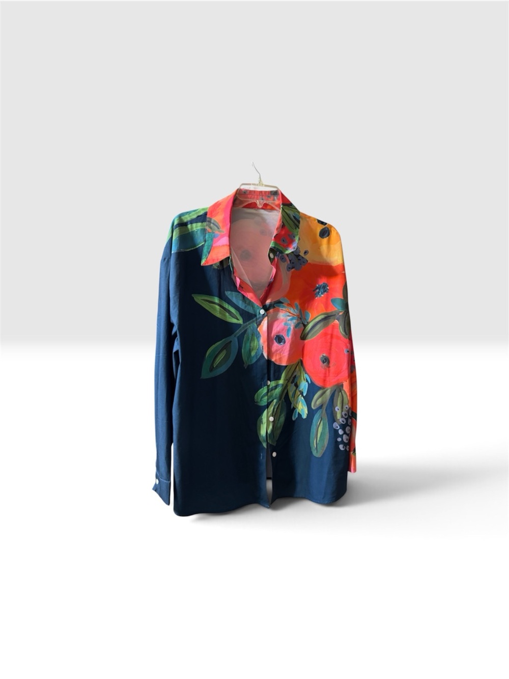 SHEIN Navy Button-Down Shirt with Coral Floral Print